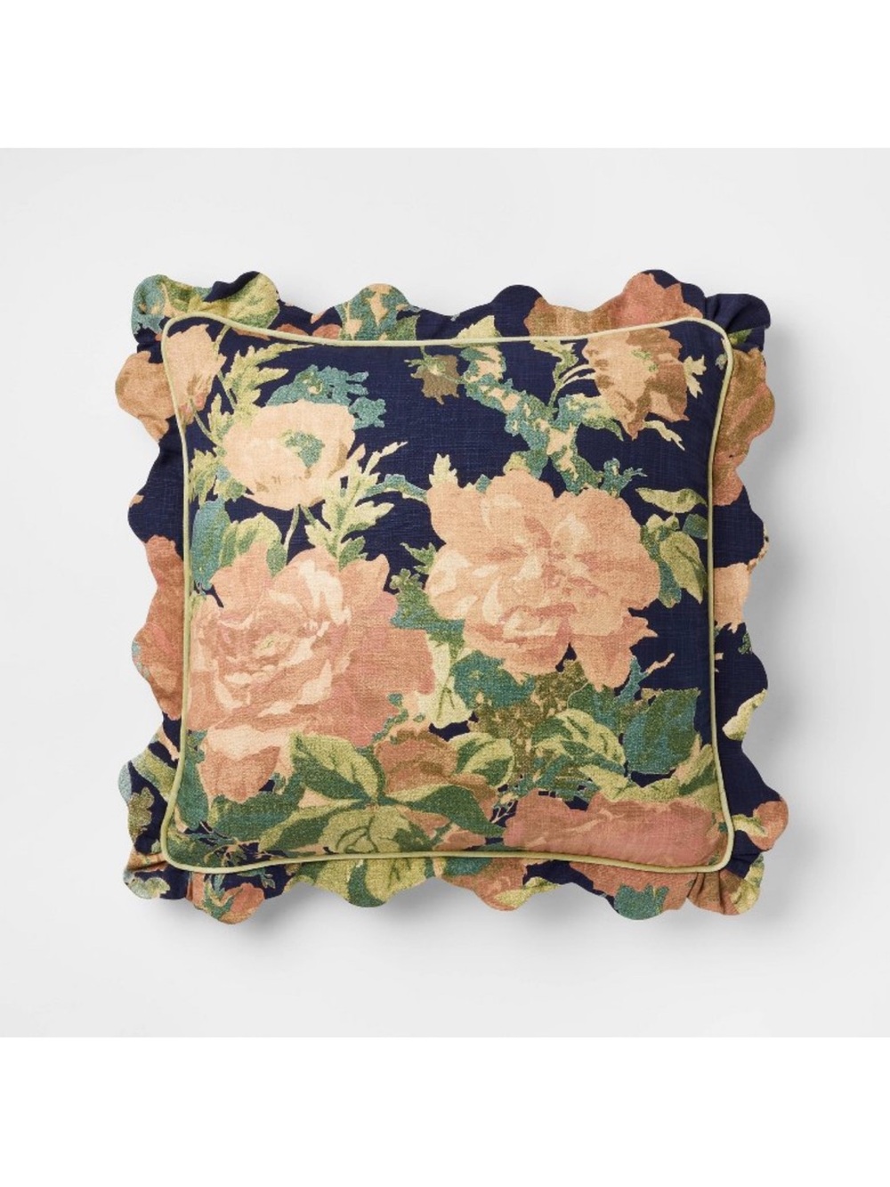Studio McGee Navy Floral Ruffle Accent Pillow with Peach Blooms . 20” x 20”